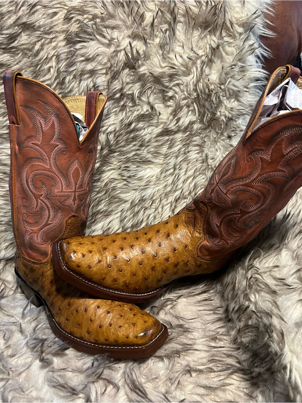 Justin Men Two-Tone Ostrich & Leather Western Boots NEW SOLES & HEEL CAPS Sz 7 B